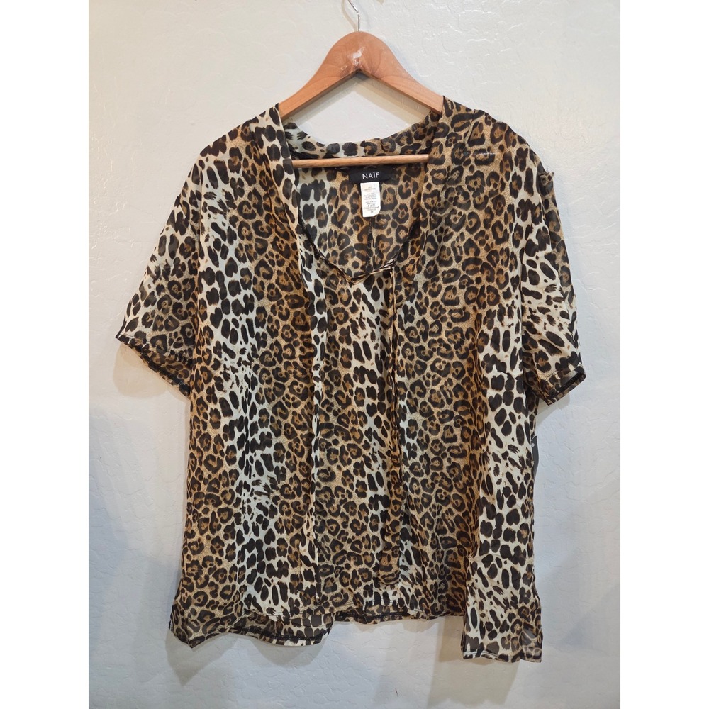Naif Womens Leopard Print Sheer Tie Neck Blouse Top 3X Brown Animal Print NEW